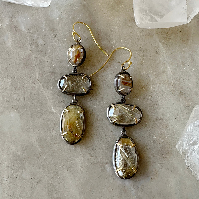 Gold & Silver oval Earrings with Golden Rutilated Quartz. deals