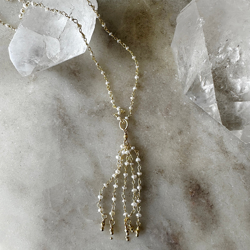 Camellia South Sea Pearl & Diamond Tassel Pendant - Johnny Jewelry